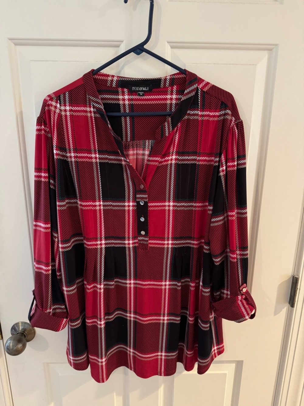 Roz & Ali Red Black Plaid Henley Tunic